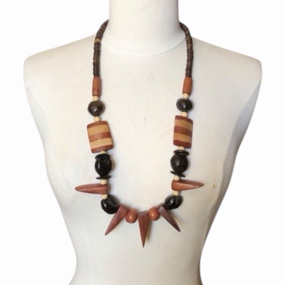 Chunky Wood Beaded Statement Necklace Brown Black Boho Artisan Style